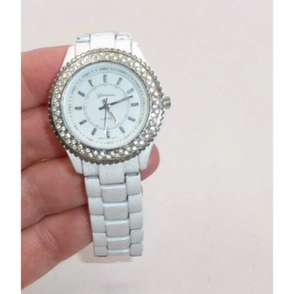 Geneva Platinum Japan Movt White Enamel Band Jeweled Dial Works Includes Battery